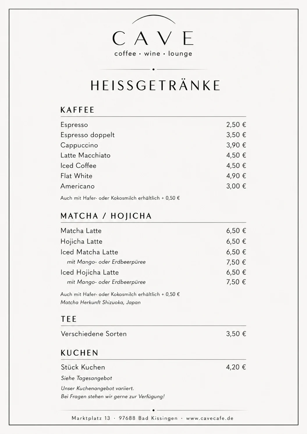 CAVE Speisekarte Heißgetränke