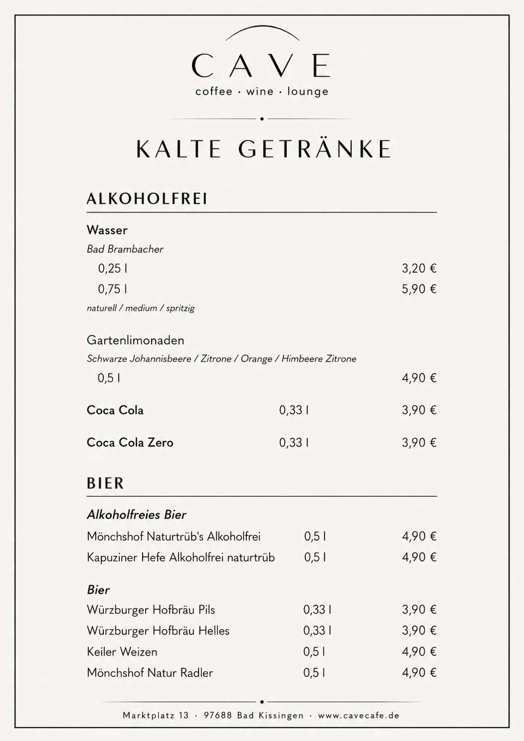 CAVE Speisekarte kalte Getränke