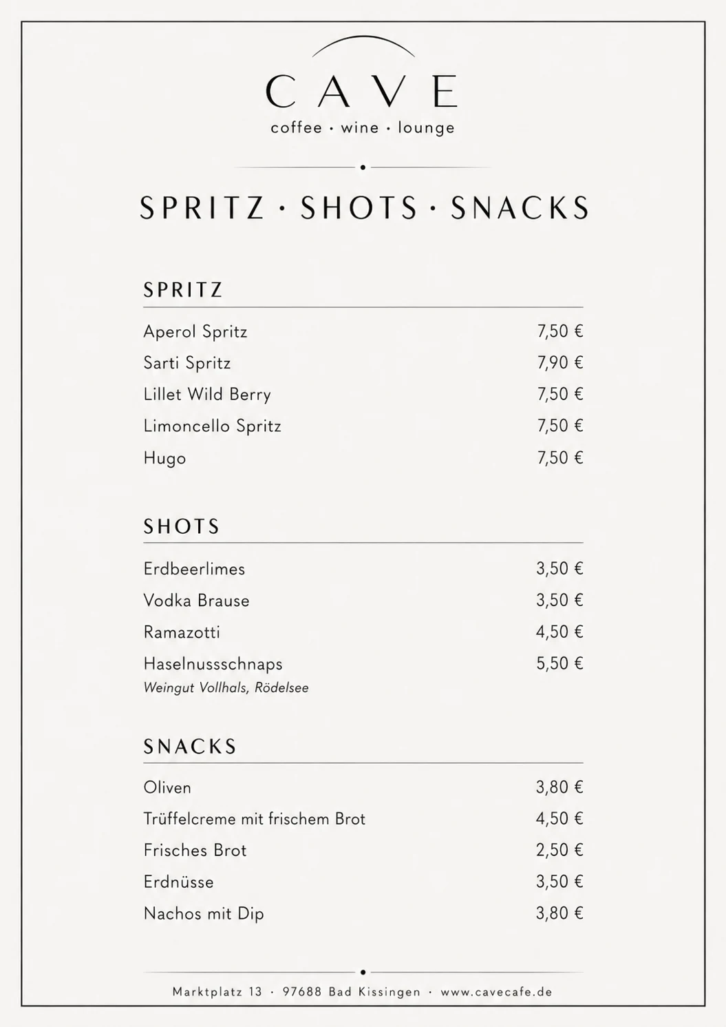 CAVE Speisekarte Spritz Shots Snacks