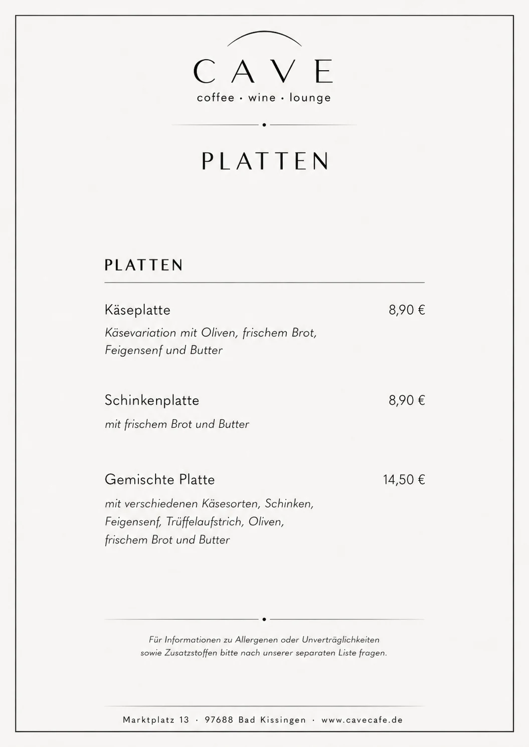 CAVE Speisekarte Platten